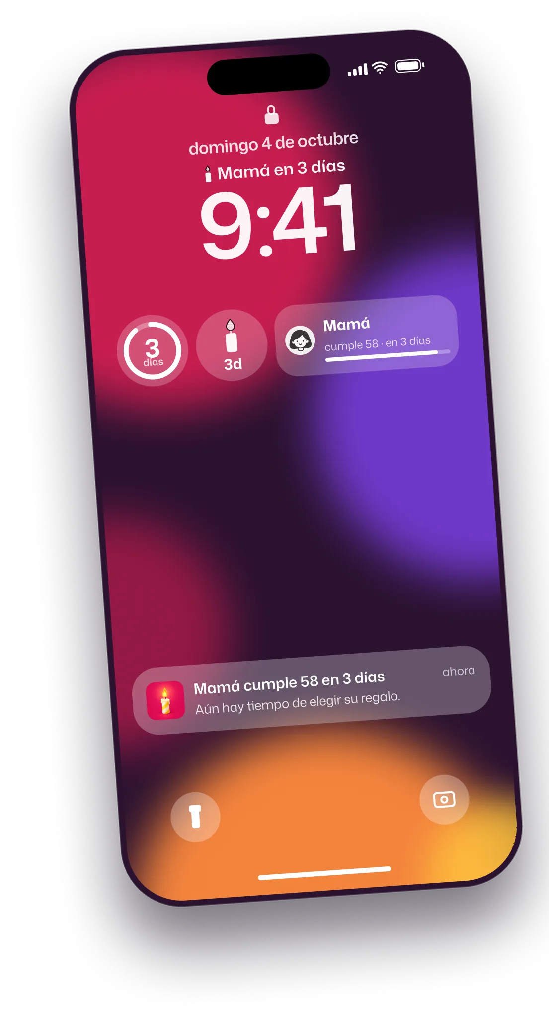 Pantalla bloqueada con los widgets de Velita y el aviso «Mamá cumple 58 en 3 días».