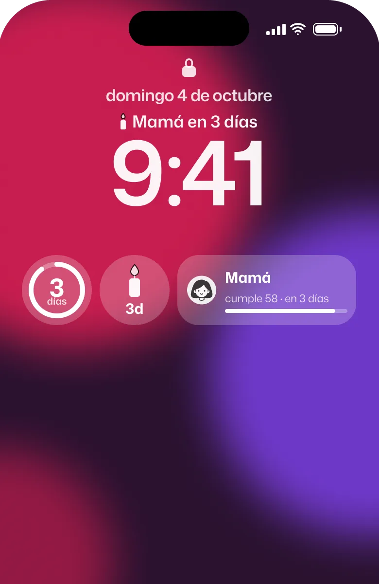 Pantalla bloqueada con los widgets de Velita y el aviso «Mamá cumple 58 en 3 días».