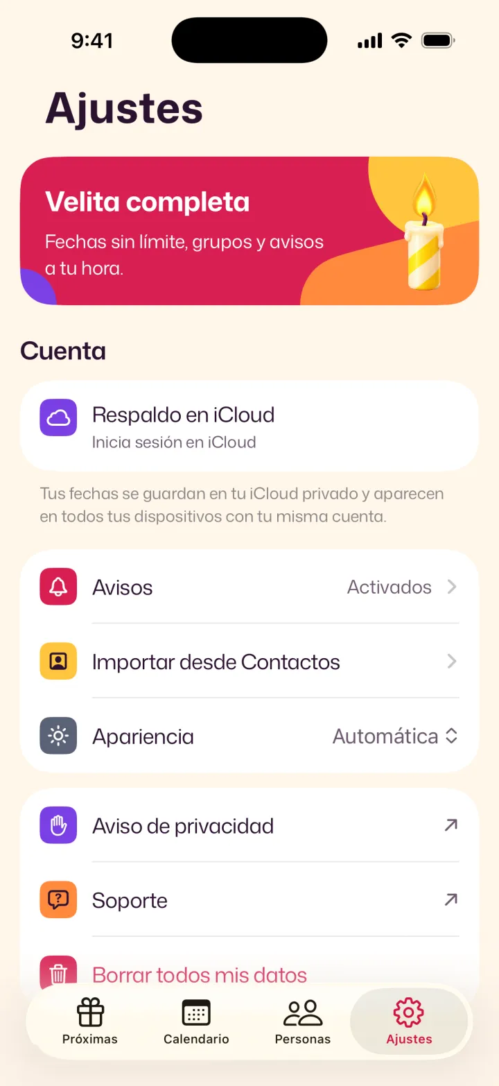 Ajustes de Velita con el respaldo en iCloud.