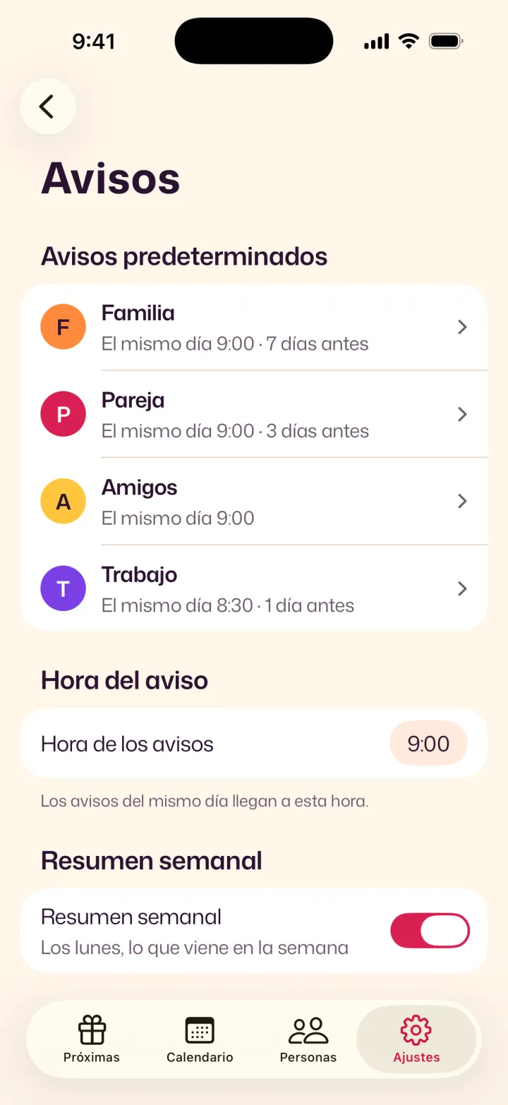 Ajustes de avisos en Velita: días de anticipación y hora para cada grupo, y el resumen semanal.