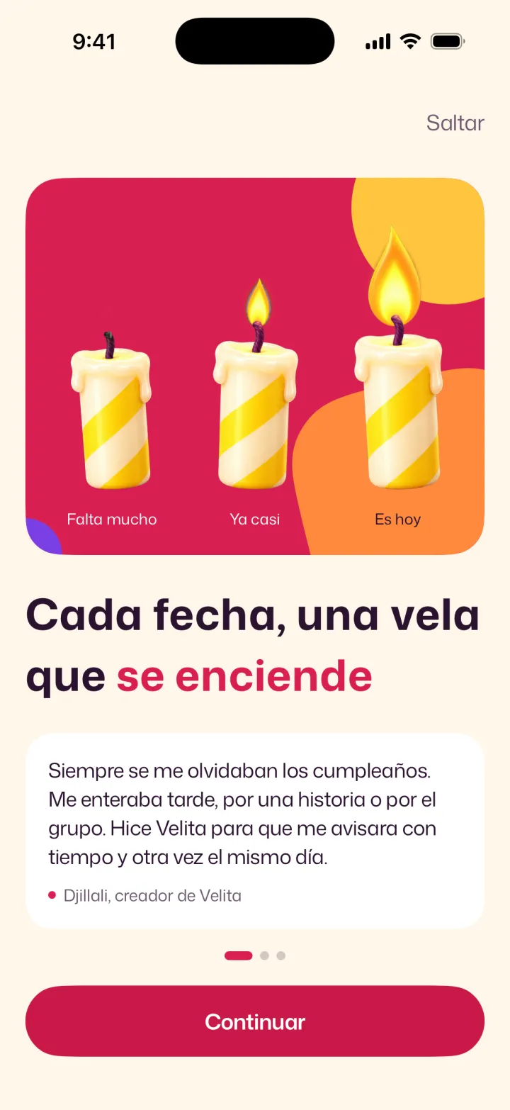 Pantalla de bienvenida de Velita.