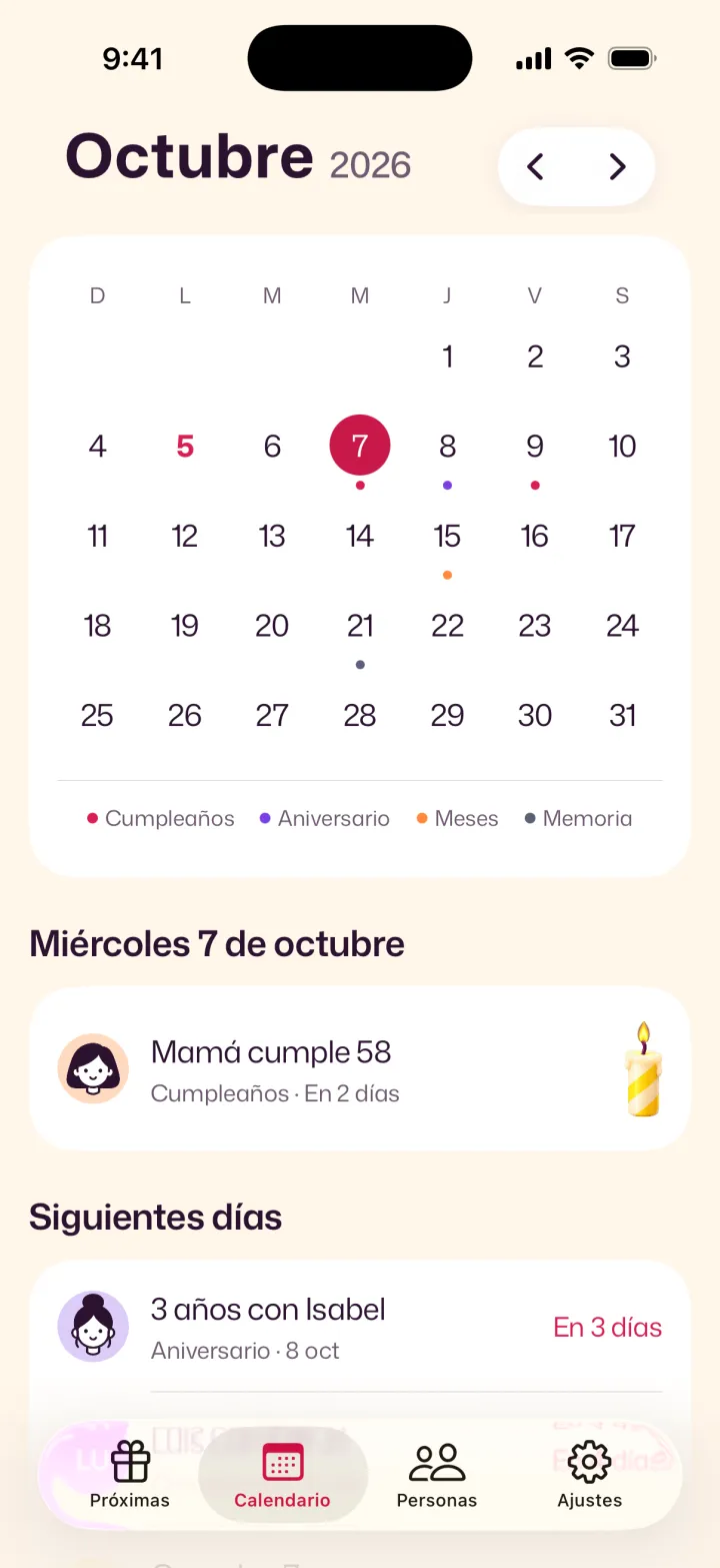 Calendario de octubre en Velita con las fechas marcadas.