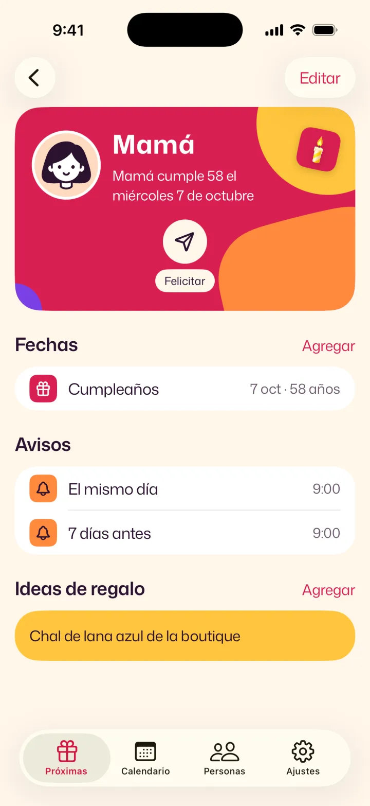 Ficha de Mamá en Velita, con su cumpleaños y sus ideas de regalo.