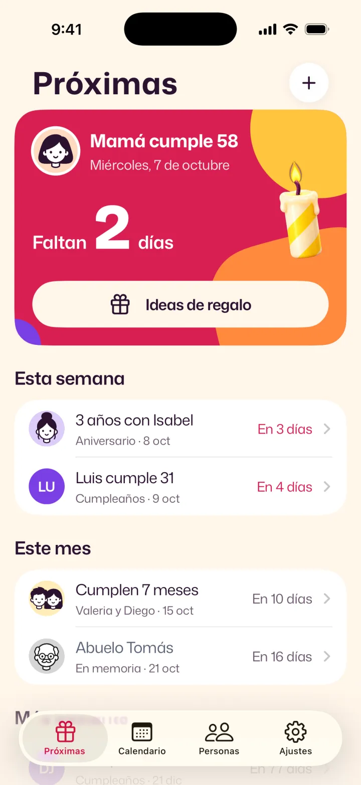 Pantalla Próximas de Velita: Mamá cumple 58 en 2 días, con las fechas de esta semana y de este mes.