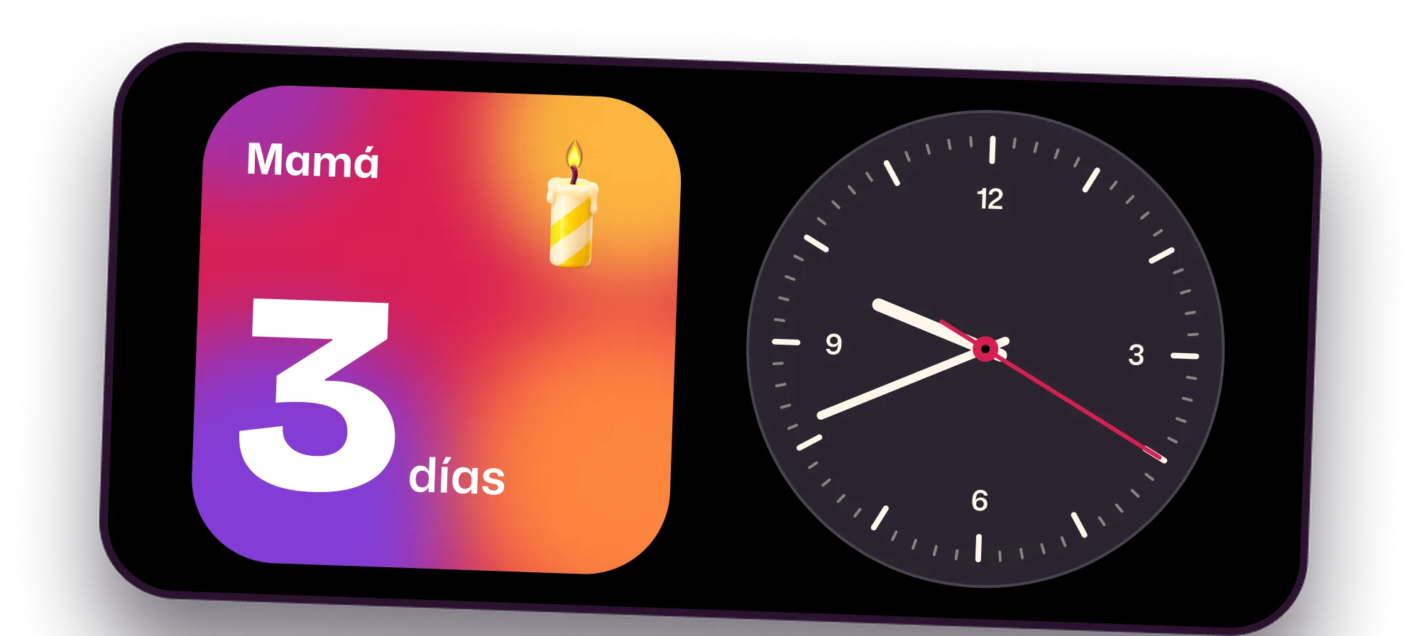iPhone en StandBy con el widget de Velita: Mamá, 3 días.