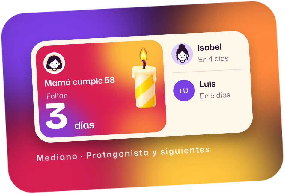 Widget mediano de Velita: Mamá cumple 58, faltan 3 días; después Isabel y Luis.